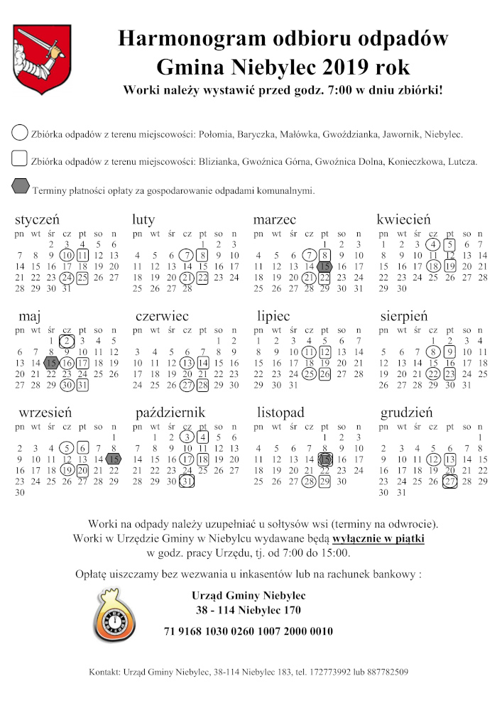 Terminy wywozu odpadów 2019 Terminy wywozu odpadów 2019