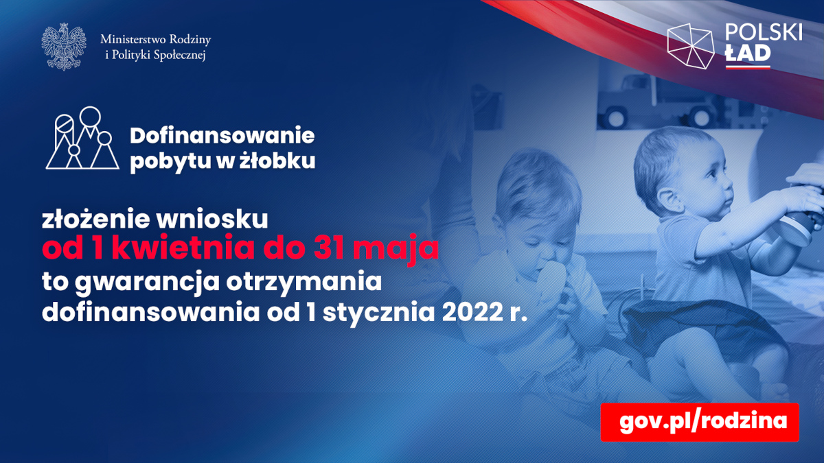 Infografika o treści: Ministerstwo Rodziny i Polityki Społecznej. Polski Ład. Dofinansowanie pobytu w żłobku. Złożenie wniosku od 1 kwietnia do 31 maja to gwarancja otrzymania dofinansowania od 1 stycznia 2022 r.