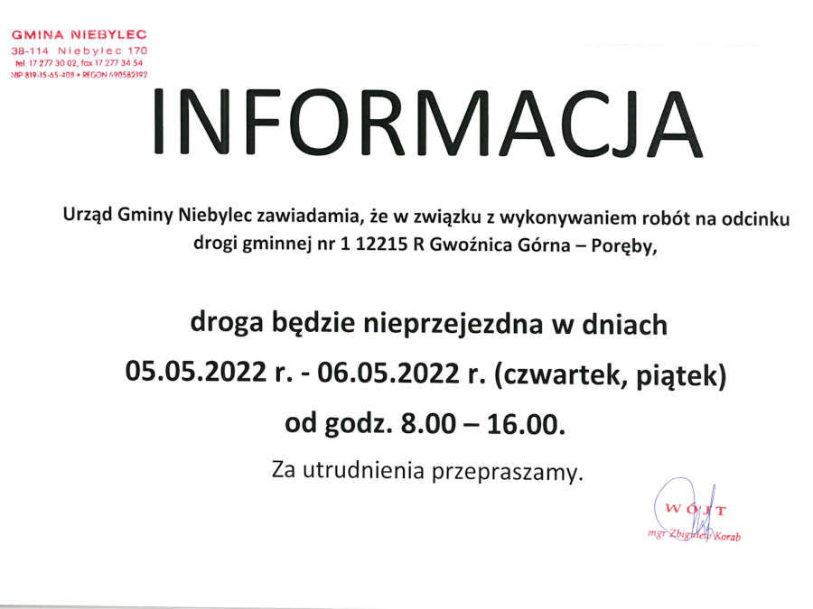 Informacja o zamknięciu drogi