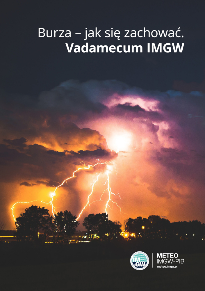 Grafika przedstawia nocne niebo z burzowymi chmurami i intensywnymi błyskawicami. Na górze widnieje biały napis 'Burza – jak się zachować. Vademecum IMGW'. Na dole, w prawym dolnym rogu, znajduje się logo IMGW-PIB oraz adres strony internetowej meteo.imgw.pl