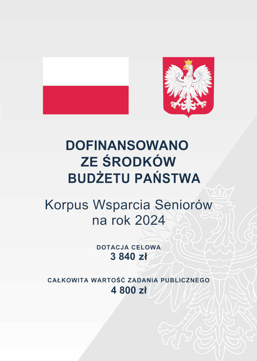 Grafika przedstawia flagę Polski i herb Polski obok siebie na górze. Pod nimi znajduje się tekst: 'DOFINANSOWANO ZE ŚRODKÓW BUDŻETU PAŃSTWA. Korpus Wsparcia Seniorów na rok 2024. Dotacja celowa: 3 840 zł. Całkowita wartość zadania publicznego: 4 800 zł.' Na dole grafiki znajduje się kontur orła z herbu Polski w tle.