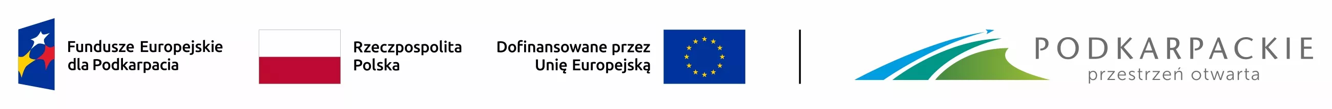 Grafika zawiera logotypy Funduszy Europejskich dla Podkarpacia, Rzeczypospolitej Polskiej, Unii Europejskiej oraz Województwa Podkarpackiego. Logo Funduszy Europejskich dla Podkarpacia przedstawia kolorowy symbol na granatowym tle. Logo Rzeczypospolitej Polskiej to biało-czerwona flaga. Logo Unii Europejskiej to niebieska flaga z żółtymi gwiazdami. Logo Województwa Podkarpackiego zawiera stylizowany zielono-niebieski krajobraz z napisem "PODKARPACKIE przestrzeń otwarta