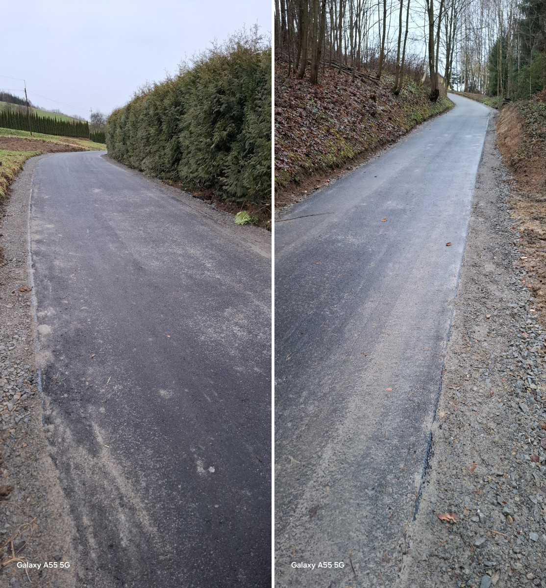 Zdjęcia przedstawiają nowo wyasfaltowaną, wąską drogę wiejską. - Po lewej stronie droga przebiega wzdłuż żywopłotu z wysokich tui, z widocznym polem uprawnym po drugiej stronie. - Po prawej stronie droga biegnie przez zalesiony teren, z drzewami bez liści oraz skarpą po obu stronach. Oba zdjęcia ukazują równą nawierzchnię asfaltową z niewielkimi śladami piasku i żwiru na poboczach.