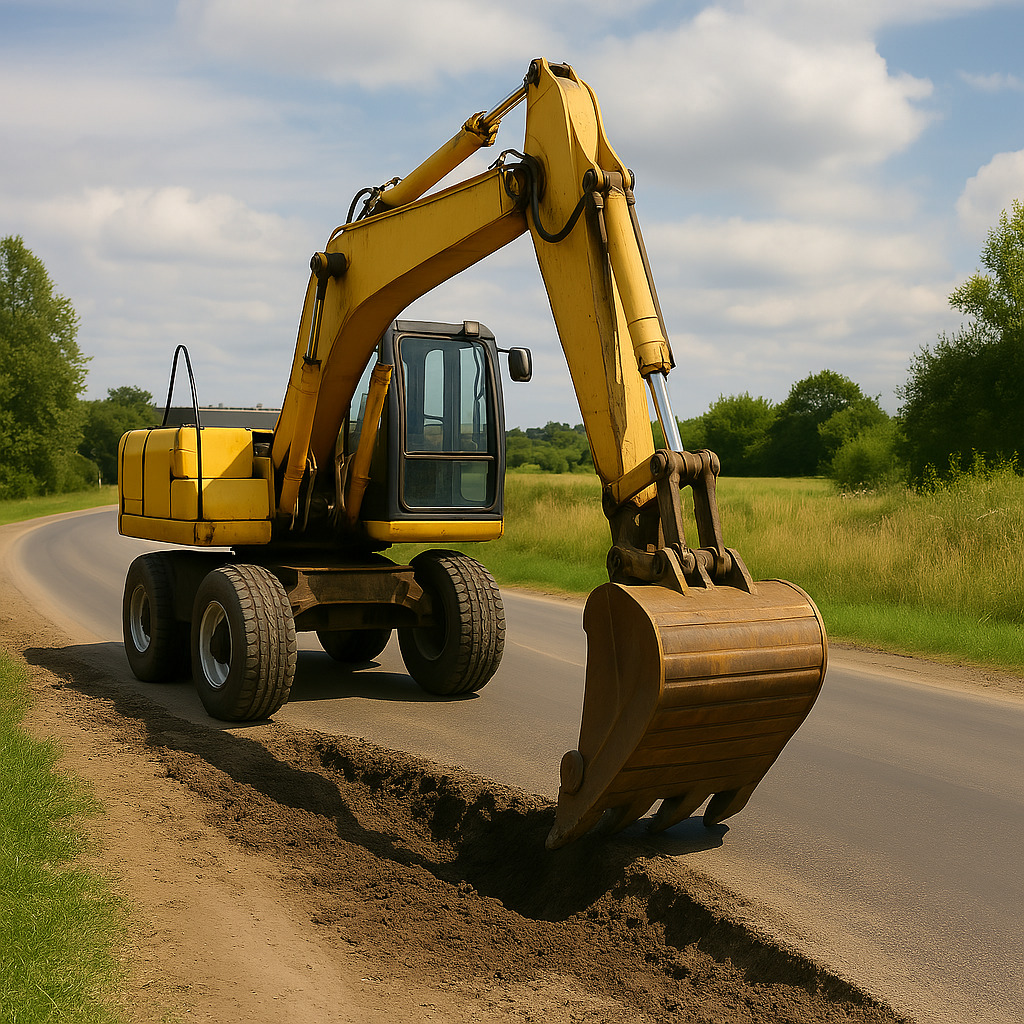 Żółta koparka kołowa wykonuje prace ziemne przy krawędzi asfaltowej drogi, usuwając pas ziemi z pobocza. W tle widać zielone pola i drzewa pod lekko zachmurzonym niebem.