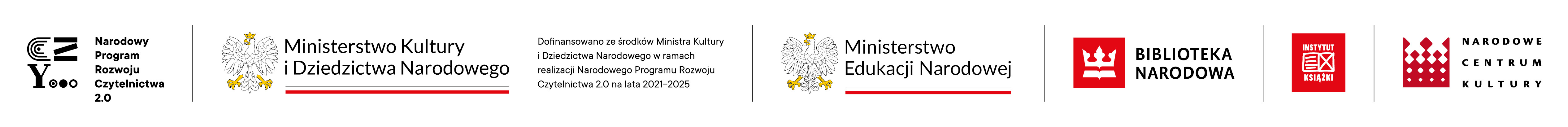 Grafika przedstawia zestaw logo i nazw instytucji związanych z Narodowym Programem Rozwoju Czytelnictwa 2.0. Od lewej: - Logo Narodowego Programu Rozwoju Czytelnictwa 2.0 - Logo i nazwa Ministerstwa Kultury i Dziedzictwa Narodowego wraz z informacją o dofinansowaniu programu na lata 2021–2025 - Logo i nazwa Ministerstwa Edukacji Narodowej - Logo i nazwa Biblioteki Narodowej - Logo i nazwa Instytutu Książki - Logo i nazwa Narodowego Centrum Kultury Całość na białym tle, z przewagą czerni i czerwieni w elementach graficznych.