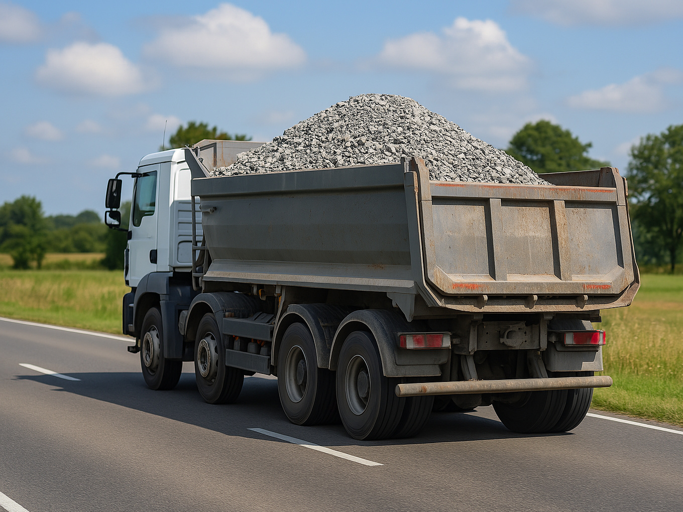Ciężarówka wywrotka z naczepą wypełnioną tłuczniem (kruszywem) jedzie asfaltową drogą dwupasmową przez wiejski, zielony teren. Pojazd porusza się w słoneczny dzień, na tle nieba z białymi chmurami i otaczających pól oraz drzew.