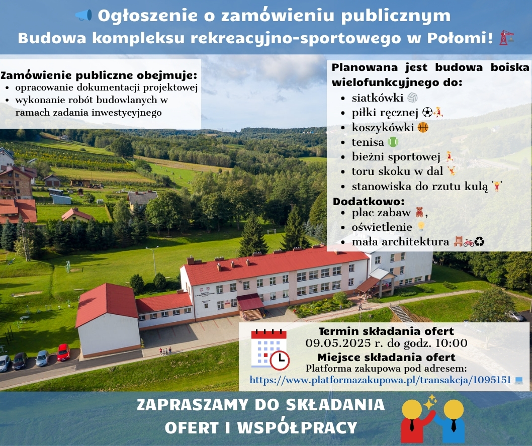 Ogłoszenie o zamówieniu publicznym na budowę kompleksu rekreacyjno-sportowego w Połomi. Na zdjęciu widoczny jest budynek, prawdopodobnie istniejąca szkoła lub inny obiekt, który ma zostać rozbudowany lub w pobliżu którego powstanie nowy kompleks. W tle rozciąga się zielony, pagórkowaty teren. Tekst na ogłoszeniu informuje, że zamówienie publiczne obejmuje opracowanie dokumentacji projektowej oraz wykonanie robót budowlanych w ramach zadania inwestycyjnego. Planowana jest budowa boiska wielofunkcyjnego do siatkówki, piłki ręcznej, koszykówki i tenisa, a także bieżni sportowej, toru skoku w dal i stanowiska do rzutu kulą. Dodatkowo planowany jest plac zabaw, oświetlenie i mała architektura. Podano termin składania ofert: 09.05.2025 r. do godz. 10:00 oraz miejsce składania ofert: Platforma zakupowa pod adresem https://www.platformazakupowa.pl/transakcja/1095151. Na dole ogłoszenia znajduje się zaproszenie do składania ofert i współpracy.