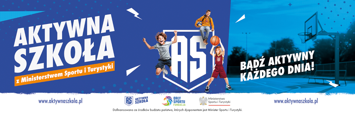 Baner promocyjny programu "Aktywna Szkoła" organizowanego we współpracy z Ministerstwem Sportu i Turystyki. Po lewej stronie na granatowym tle widnieje duży, biały napis "AKTYWNA SZKOŁA" z pomarańczowym paskiem poniżej informującym o współpracy z ministerstwem. Obok znajduje się logo programu – białe litery "AS" na tarczy. Przed nim przedstawiono troje aktywnych dzieci: chłopiec w szarym stroju sportowym skacze z uniesionymi rękami, dziewczynka w bordowym stroju koszykarskim trzyma piłkę do koszykówki, a nastolatek w pomarańczowej bluzie siedzi na górze tarczy, trzymając piłkę. Po prawej stronie na niebieskim tle znajduje się boisko do koszykówki i biały napis "BĄDŹ AKTYWNY KAŻDEGO DNIA!". Na dole widoczne są logotypy organizatorów oraz informacja o finansowaniu programu. W prawym dolnym rogu znajduje się adres strony internetowej: www.aktywnaszkola.pl.