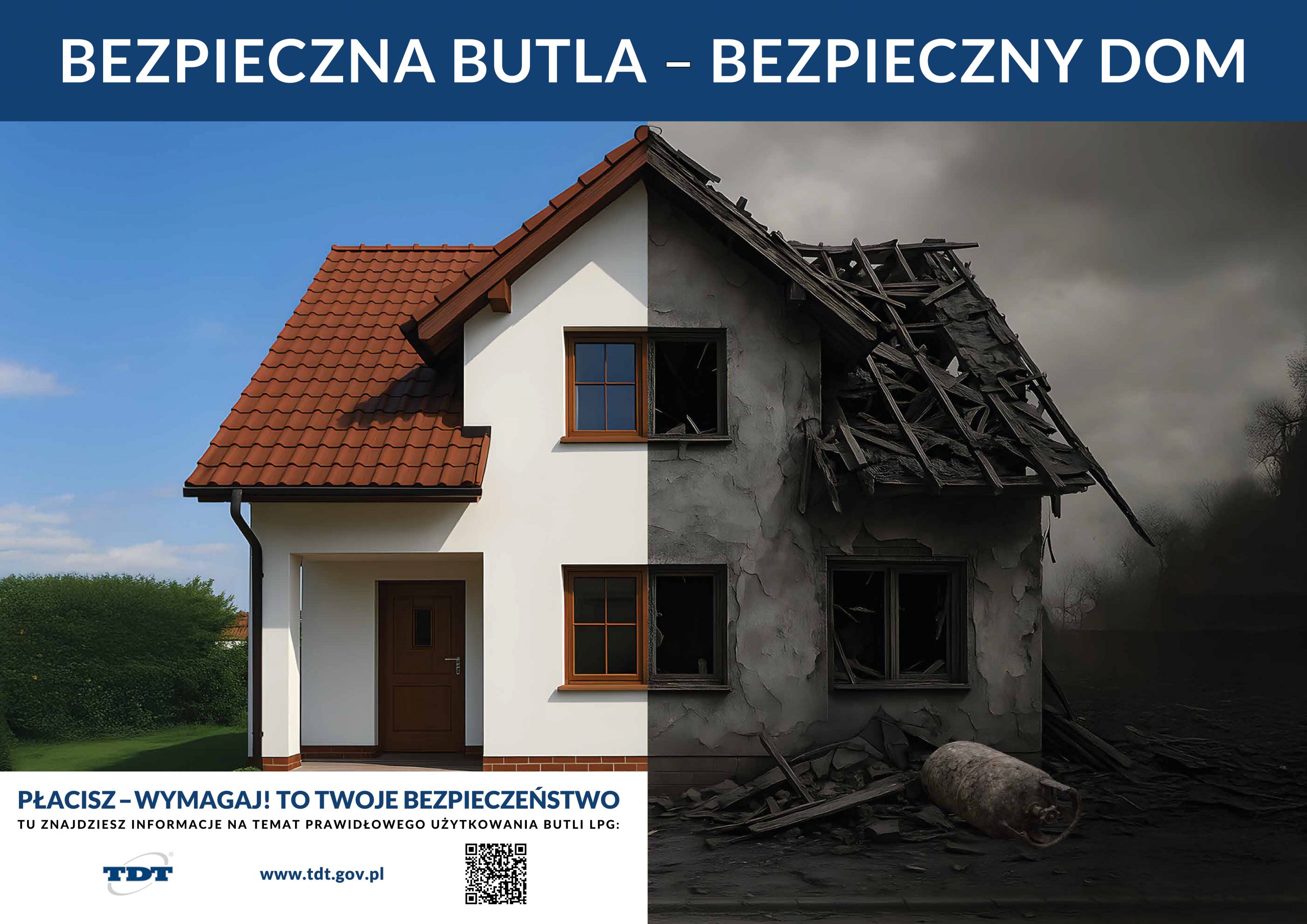 Plakat porównujący dwa stany tego samego domu – lewa połowa pokazuje zadbany, biały dom z czerwoną dachówką w słoneczny dzień, prawa połowa przedstawia ten sam dom zniszczony przez wybuch i pożar, z czarnymi ścianami, zawalonym dachem i wypaloną butlą gazową leżącą przed budynkiem. U góry napis: „Bezpieczna butla – bezpieczny dom”. Na dole wezwanie: „Płacisz – wymagaj! To twoje bezpieczeństwo” oraz adres strony www.tdt.gov.pl z kodem QR.