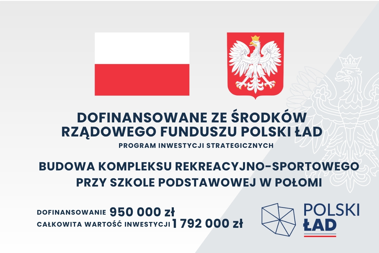 Plansza z herbem Polski, flagą i logotypem programu Polski Ład. Tekst informuje o dofinansowaniu budowy kompleksu rekreacyjno-sportowego przy Szkole Podstawowej w Połomi z Rządowego Funduszu Polski Ład. Całkowita wartość inwestycji to 1 792 000 zł, z czego 950 000 zł stanowi dofinansowanie.