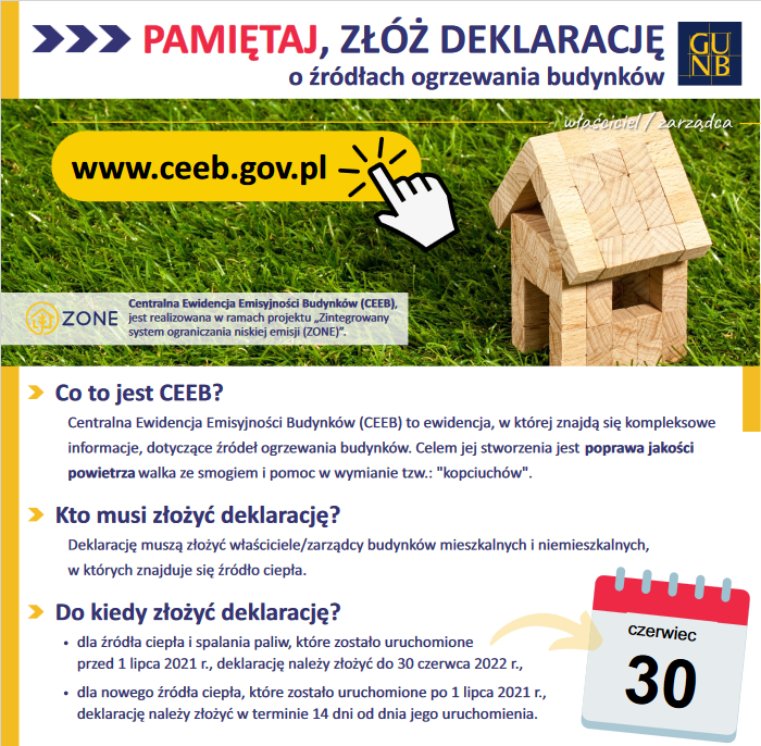 Infografika dotycząca obowiązku złożenia deklaracji o źródłach ogrzewania budynków.