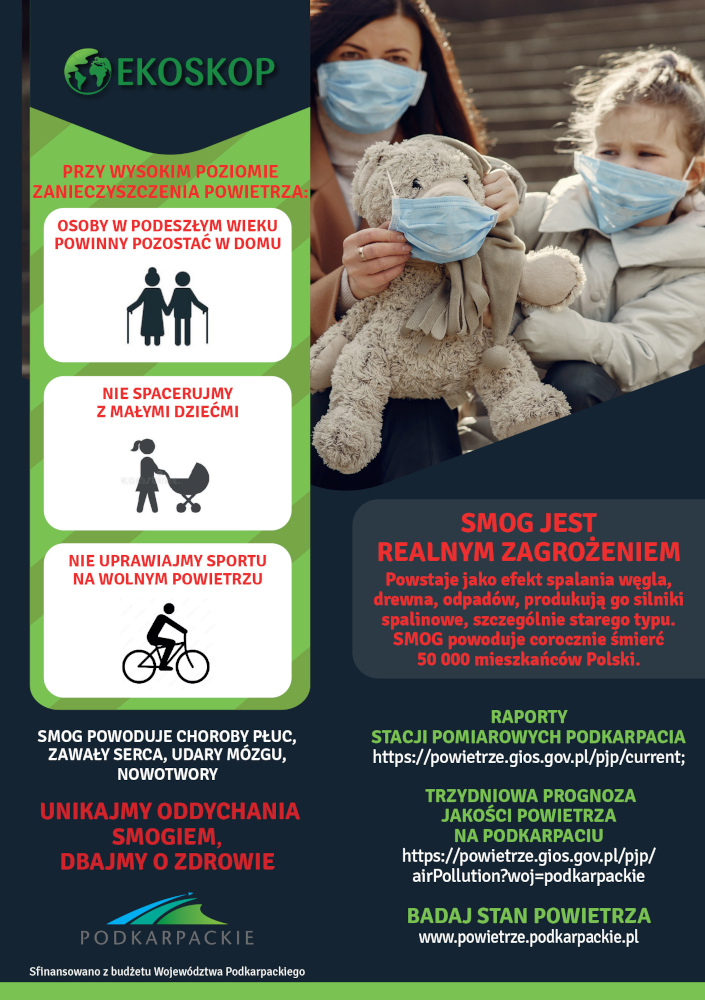 Grafika o treści: PRZY WYSOKIM POZIOMIE ZANIECZYSZCZENIA POWIETRZA: OSOBY W PODESZŁYM WIEKU POWINNY POZOSTAĆ W DOMU, NIE SPACERUJMY Z MAŁYMI DZIEĆMI, NIE UPRAWIAJMY SPORTU NA WOLNYM POWIETRZU. SMOG POWODUJE CHOROBY PŁUC, ZAWAŁY SERCA, UDARY MÓZGU, NOWOTWORY. UNIKAJMY ODDYCHANIA SMOGIEM, DBAJMY O ZDROWIE. SMOG JEST REALNYM ZAGROŻENIEM. Powstaje jako efekt spalania węgla, drewna, odpadów, produkują go silniki spalinowe, szczególnie starego typu. SMOG powoduje corocznie śmierć 50 000 mieszkańców Polski. RAPORTY STACJI POMIAROWYCH PODKARPACIA https://powietrze.gios.gov.pl/pjp/current, TRZYDNIOWA PROGNOZA JAKOŚCI POWIETRZA NA PODKARPACIU https://powietrze.gios.gov.pl/pjp/airPollution?woj=podkarpackie, BADAJ STAN POWIETRZA www.powietrze.podkarpackie.pl.