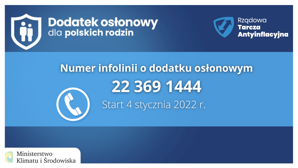 Infografika z numerem infolinii o dodatku osłonowym: 22 369 1444