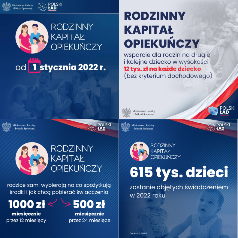 Infografika dotycząca Rodzinnego Kapitału Opiekuńczego o treści: Rodzinny Kapitał Opiekuńczy przysługuje na każde drugie i kolejne dziecko w rodzinie w wieku od ukończenia 12. do 35. miesiąca życia w maksymalnej wysokości 12 tys. zł na dziecko. To od rodziców zależy, czy będą otrzymywać świadczenie: - przez rok po 1 tys. zł miesięcznie, - przez dwa lata po 500 zł miesięcznie. To rodzice zdecydują, czy przeznaczą środki np. na opłacenie miejsca w żłobku, wynagrodzenie dla niani lub pokrycie samodzielnej opieki nad dzieckiem. Rodzinny Kapitał Opiekuńczy daje rodzicom poczucie bezpieczeństwa, ale również alternatywę. Prawo do Rodzinnego Kapitału Opiekuńczego przysługuje także rodzicom, którzy już w dniu wejścia przepisów mają drugie i kolejne dziecko w wieku od ukończenia 12. do 35. miesiąca życia. Na takie dzieci świadczenie będzie przysługiwało proporcjonalnie - za okres od dnia wejścia w życie ustawy do czasu ukończenia przez drugie lub kolejne dziecko 35. miesiąca życia. Świadczenie nie jest uzależnione od dochodów rodziny. Szczegółowe informacje na stronie https://www.gov.pl/web/rodzina/rodzinny-kapital-opiekunczy
