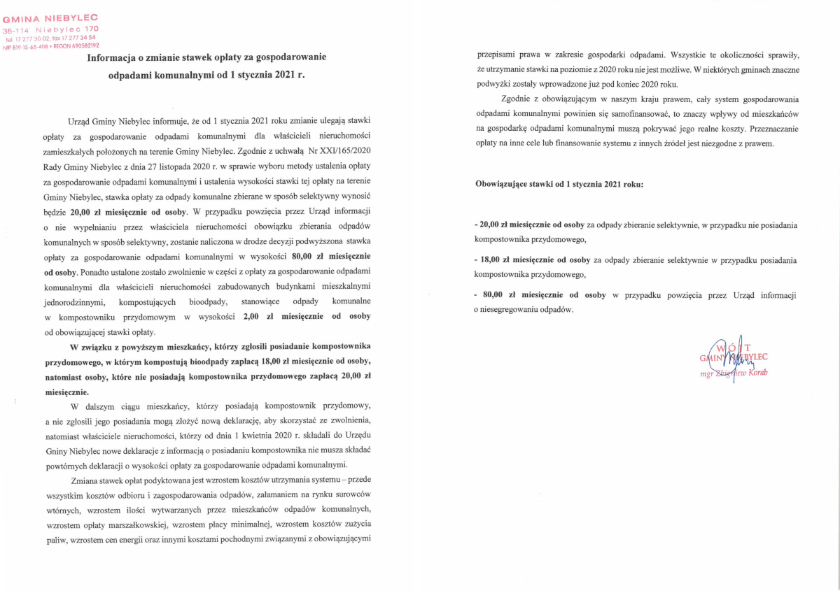 Informacja o zmianie stawek opłaty za gospodarowanie odpadami komunalnymi od 1 stycznia 2021 r.