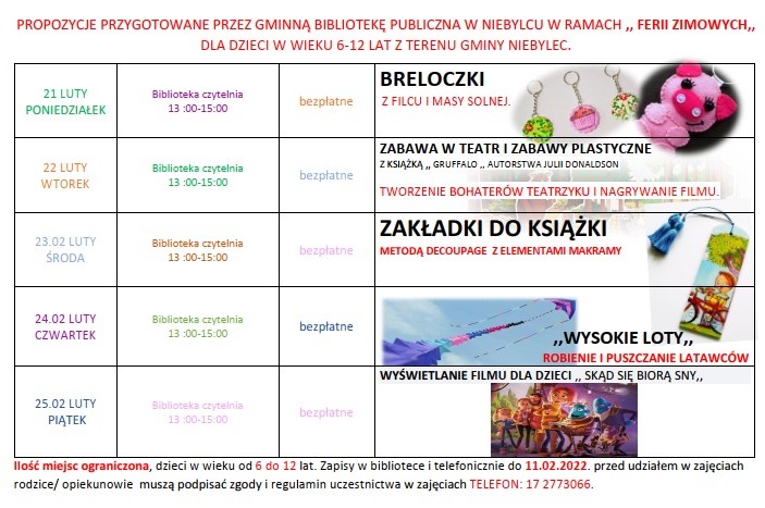 Infografika FERIE 2022 GMINNĄ BIBLIOTEKĄ PUBLICZNĄ W NIEBYLCU