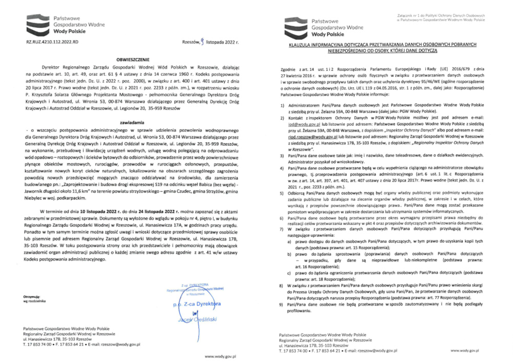 Odnośnik do Obwieszczenia Dyrektora Regionalnego Zarządu Gospodarki Wodnej Wód Polskich w Rzeszowie dotyczący z 9 listopada 2022 r.