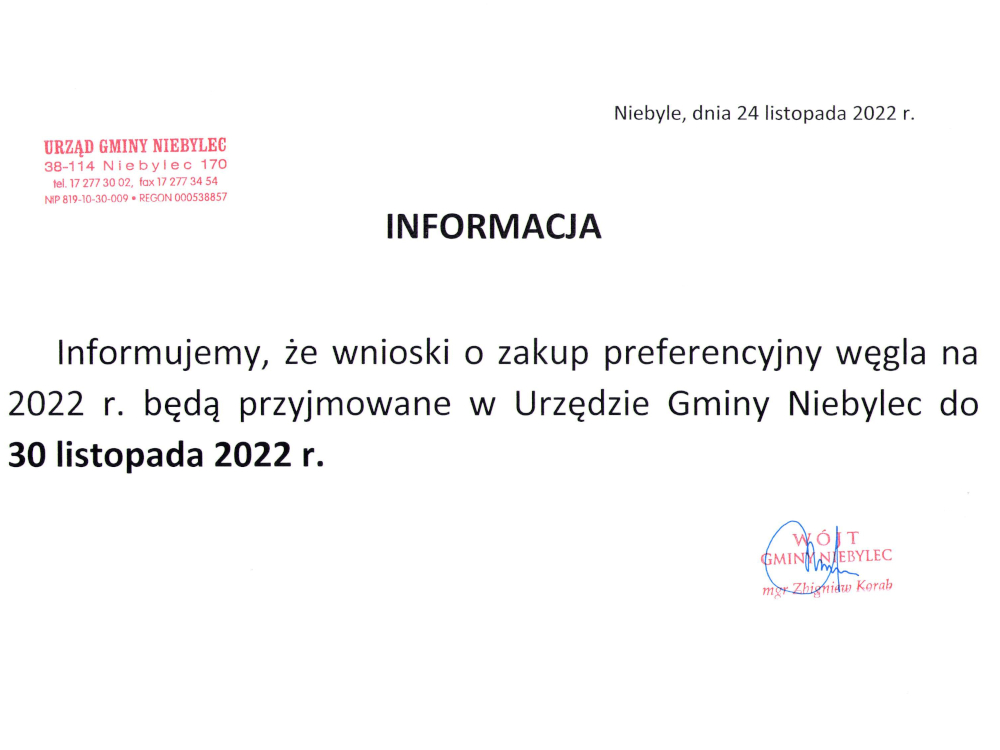 Grafika o treści: Informujemy, że wnioski o zakup preferencyjny węgla na 2022 r. będą przyjmowane w Urzędzie Gminy Niebylec do 30 listopada 2022 r.