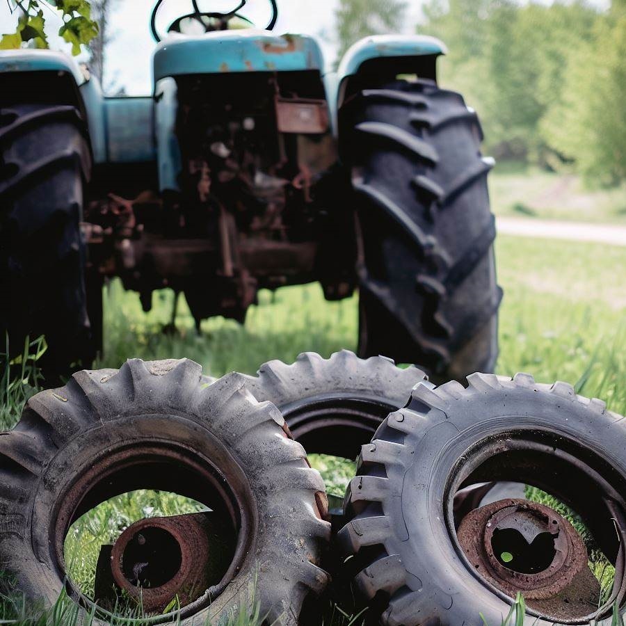 Obraz z trzema oponami rolniczymi oraz ciągnikiem rolniczym