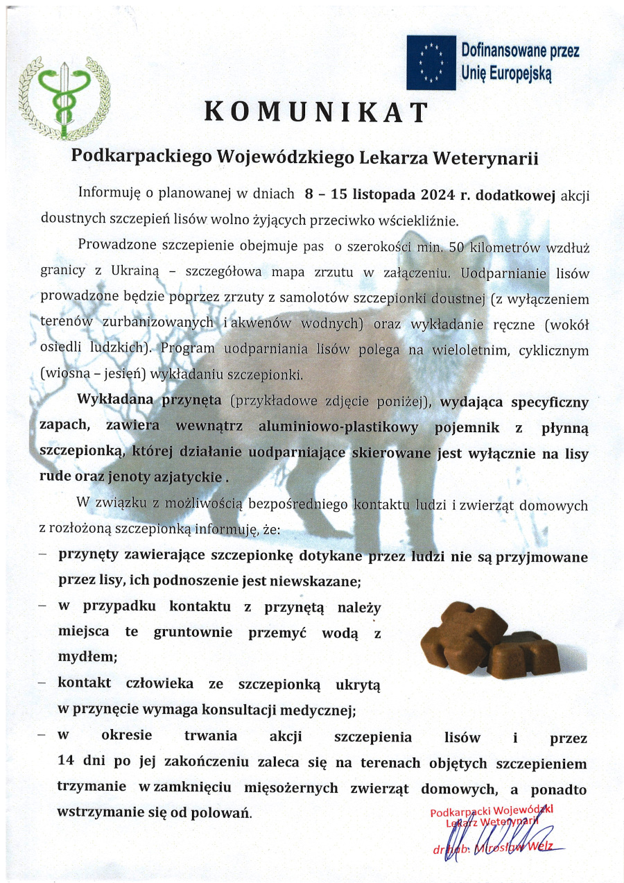 Plakat informacyjny Podkarpackiego Wojewódzkiego Lekarza Weterynarii dotyczący planowanej akcji doustnych szczepień lisów przeciwko wściekliźnie, która odbędzie się w dniach 8–15 listopada 2024 r. Zawiera szczegóły dotyczące zrzutów szczepionek z samolotów oraz wykładania ręcznego. Po prawej stronie widnieje logo UE z napisem „Dofinansowane przez Unię Europejską”. W dolnej części dokumentu umieszczono zdjęcie ciemnobrązowej przynęty w kształcie małych bloczków. Na dole widoczny jest podpis lekarza weterynarii oraz pieczęć urzędowa.