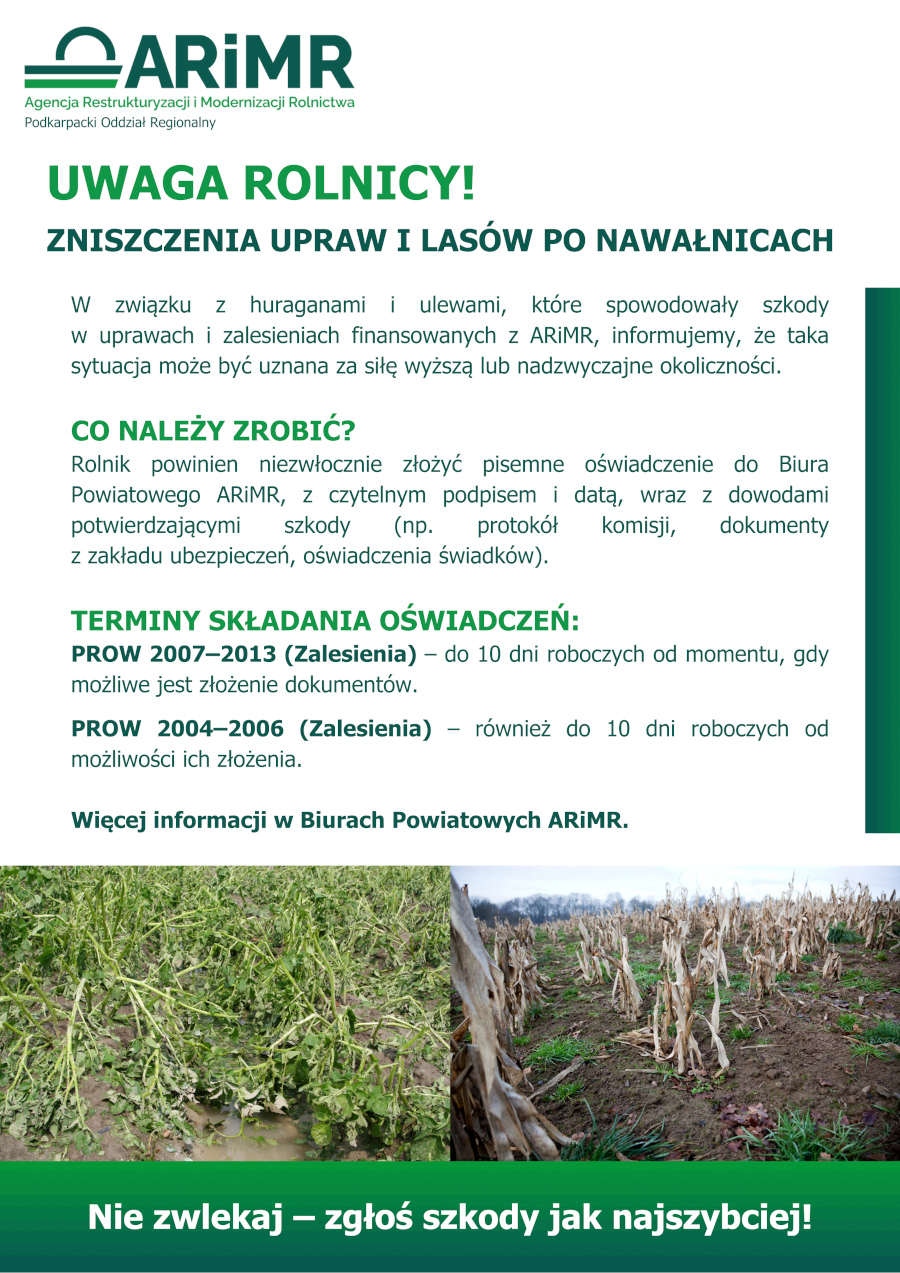 Plakat informacyjny Agencji Restrukturyzacji i Modernizacji Rolnictwa (ARiMR), Podkarpacki Oddział Regionalny, skierowany do rolników. Tytuł w zielonym kolorze: „UWAGA ROLNICY! ZNISZCZENIA UPRAW I LASÓW PO NAWAŁNICACH”. Treść informuje o możliwości uznania szkód spowodowanych huraganami i ulewami za siłę wyższą i zaleca niezwłoczne złożenie pisemnego oświadczenia z dowodami strat do Biura Powiatowego ARiMR. Podane są terminy składania oświadczeń w ramach PROW 2007–2013 i 2004–2006. Na dole dwa zdjęcia: zniszczona plantacja ziemniaków w błocie oraz uschnięta kukurydza na polu. Na zielonym tle hasło: „Nie zwlekaj – zgłoś szkody jak najszybciej!”.