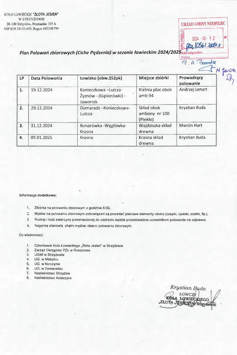 Dokument przedstawia **plan polowań zbiorowych (ciche pędzenia)** w sezonie łowieckim 2024/2025 organizowany przez Koło Łowieckie „Złota Jesień” w Strzyżowie. ### Tabela z informacjami o polowaniach: - **19.12.2024**: Łowisko Konieczkowa–Lutcza–Żyznów (Gąsiorówki)–Jawornik, miejsce zbiórki: Kielnia plac obok amb 94, prowadzący: Andrzej Lenart. - **29.12.2024**: Łowisko Domaradz–Konieczkowa–Lutcza, miejsce zbiórki: skład obok ambony nr 100 (Piekło), prowadzący: Krystian Buda. - **31.12.2024**: Łowisko Bonarówka–Węglówka–Krasna, miejsce zbiórki: Wajdziska skład drewna, prowadzący: Marcin Hart. - **09.01.2025**: Łowisko Krasna, miejsce zbiórki: Krasna skład drewna, prowadzący: Krystian Buda. ### Dodatkowe informacje: 1. Zbiórka na polowaniach o godzinie 8:00. 2. Myśliwi zobowiązani są do posiadania jaskrawych elementów ubioru (czapki, szaliki itp.). 3. Rodzaj i ilość zwierzyny przeznaczonej do odstrzału będą ustalane podczas odprawy. 4. Nagankę stanowią chętni myśliwi obecni na polowaniu. ### Dokument podpisany przez: Krystiana Budę – Łowczego Koła Łowieckiego „Złota Jesień” w Strzyżowie. W prawym górnym rogu widnieje pieczęć Urzędu Gminy Niebylec z datą 12.12.2024 i numerem rejestracyjnym.
