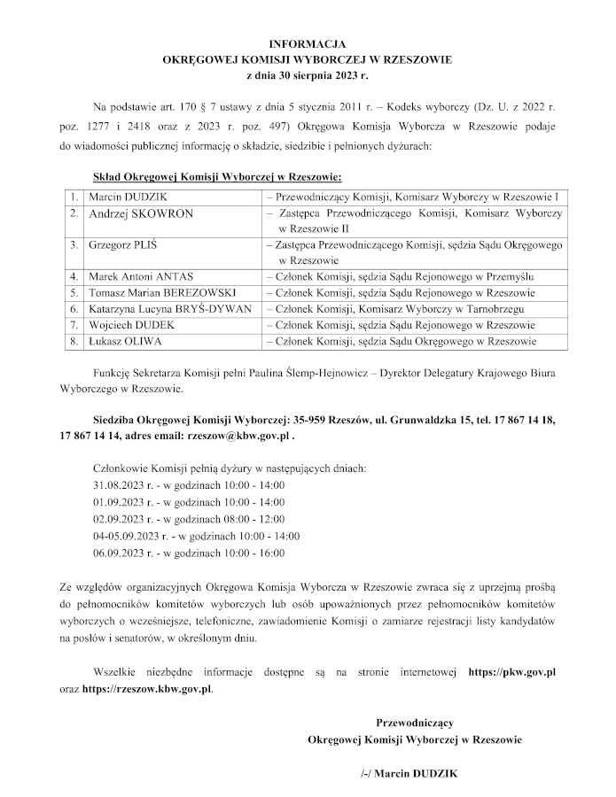 Grafika dotycząca INFORMACJI OKRĘGOWEJ KOMISJI WYBORCZEJ W RZESZOWIE z dnia 30 sierpnia 2023 r. o składzie, siedzibie i pełnionych dyżurach Okręgowej Komisji Wyborczej w Rzeszowie.